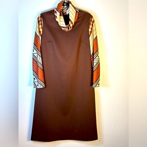 FLUTTERBYE Vintage Women’s 70’s Brown Geometric Print 3/4 Sleeve Retro Dress
